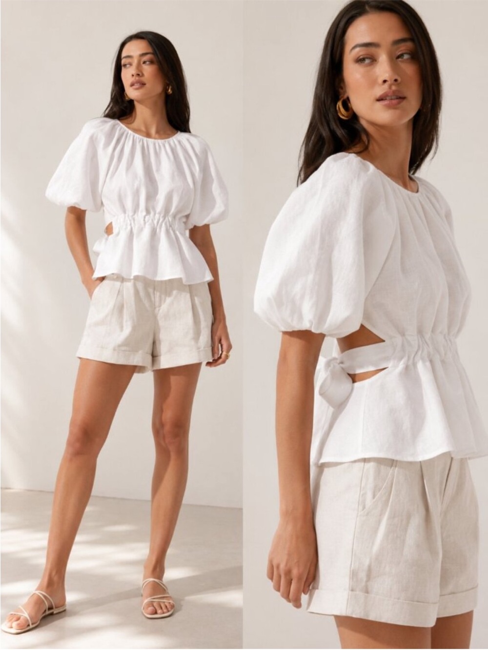 Astr White Puff-Sleeve Peplum Top with Side Tie